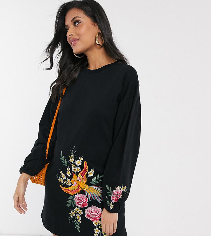 Asos Design Maternity Embroidered Sweat Mini Dress-black