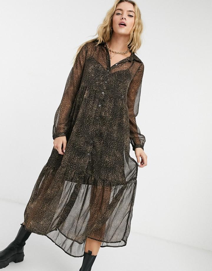 Noisy May Tiered Maxi Shirt Dress In Leopard-multi