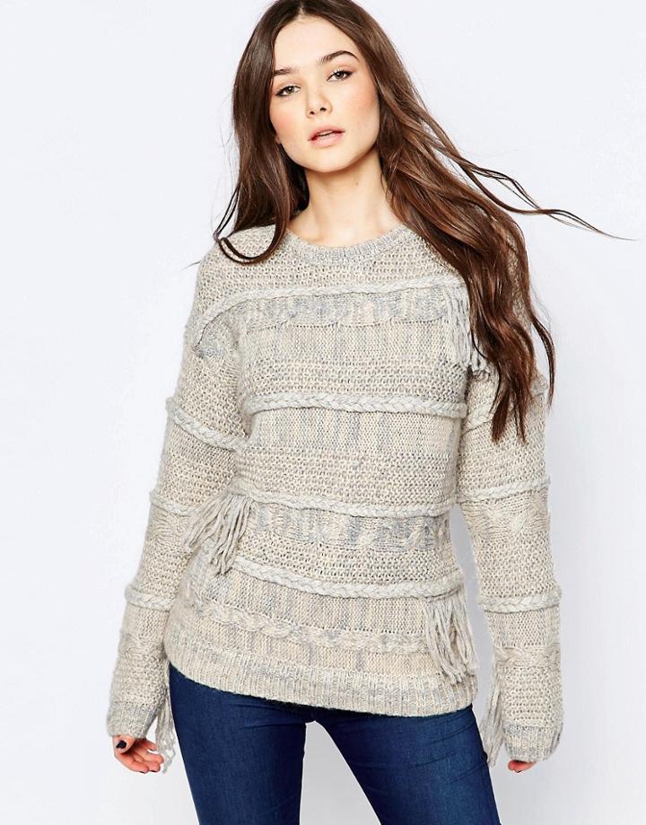 Pepe Jeans Maya Sweater With Cable Knit And Fringe Detail - White