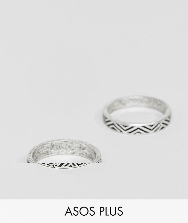 Asos Design Plus Ring Pack With Emboss In Burnished Silver Tone - Silver
