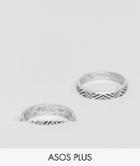 Asos Design Plus Ring Pack With Emboss In Burnished Silver Tone - Silver
