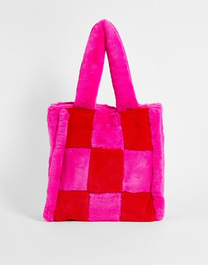 Skinnydip Sonya Fluffy Checkerboard Tote Bag In Pink And Red-multi