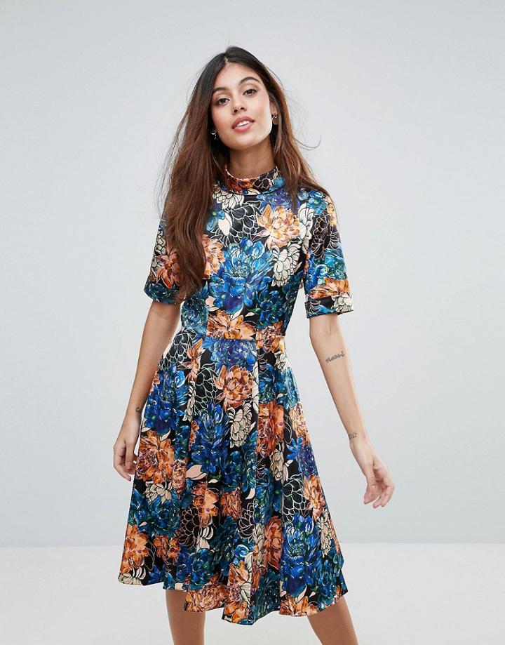 Closet Floral Roll Sleeve Skater Dress - Multi