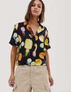 Weekday Fruit Print Crop Shirt In Navy - Multi