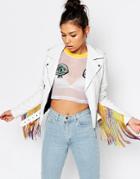 The Ragged Priest Vintage Leather Biker Jacket With Rainbow Tassel Sleeves - White