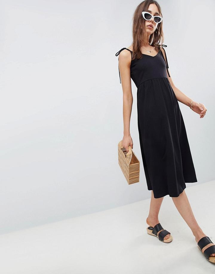 Asos Design Midi Smock Sundress With Tie Straps - Black