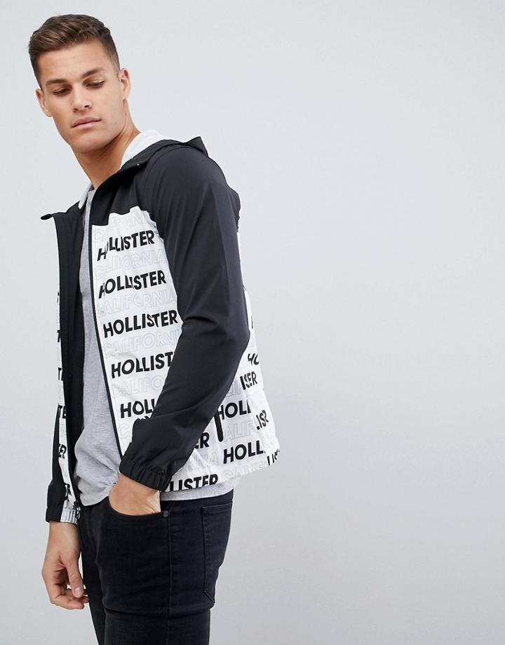 Hollister Unlined Lightweight Hooded Jacket With Black & White Print Logo - Black