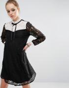 Reclaimed Vintage Mini Dress In Lace With Contrast Bib & Tie Neck - Multi