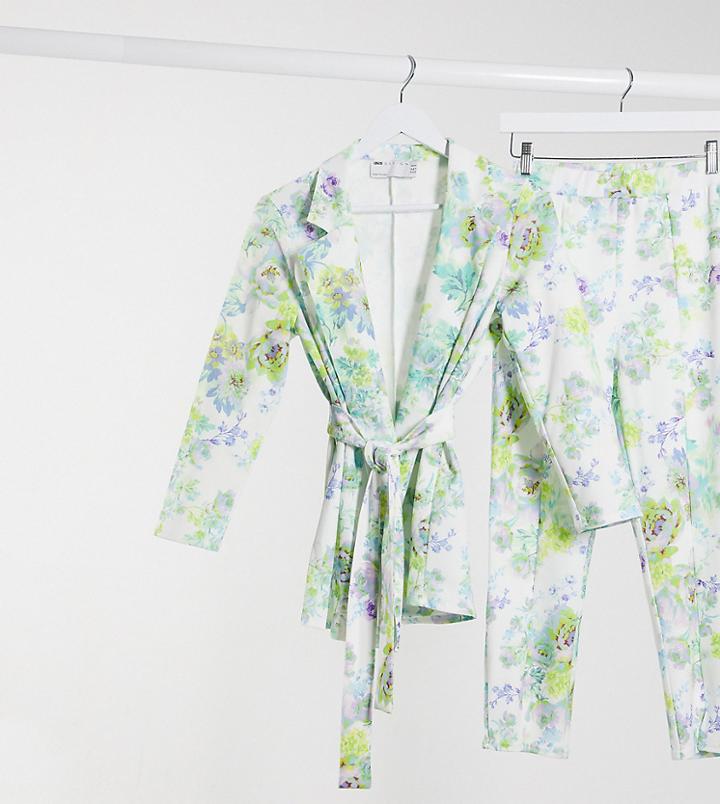 Asos Design Petite Jersey Wrap Suit Blazer In White Floral-multi