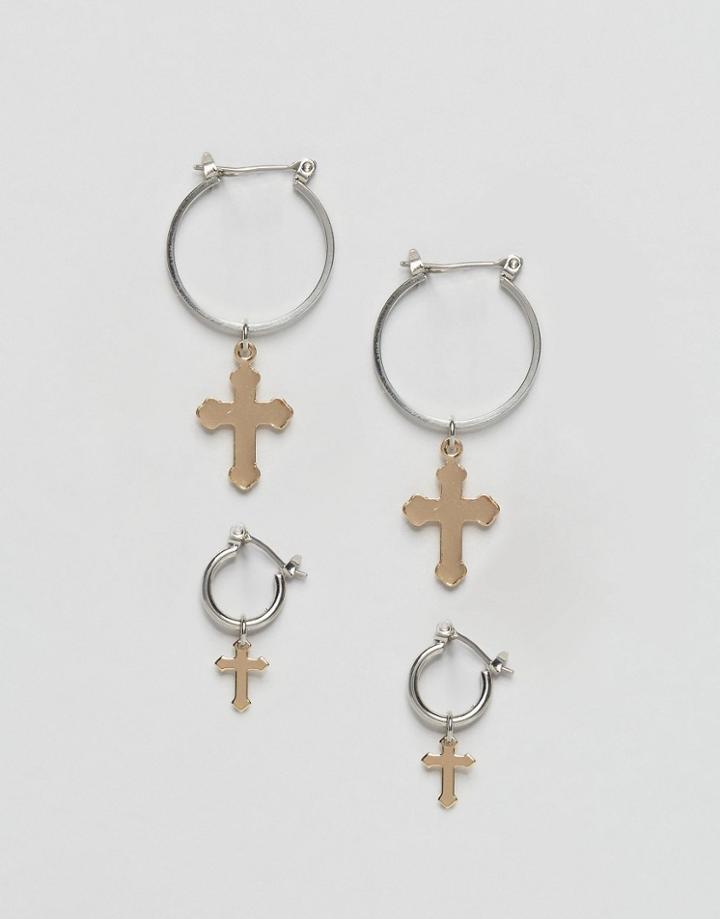 Asos Pack Of 2 Cross Charm Hoop Earrings - Mixed Metal