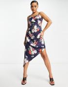 I Saw It First Satin Midi Dress In Navy Floral