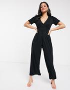 Asos Design Tea Jersey Jumpsuit With Short Sleeves-black