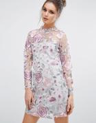 New Look Premium Embroidered Mesh Mini Dress - Cream