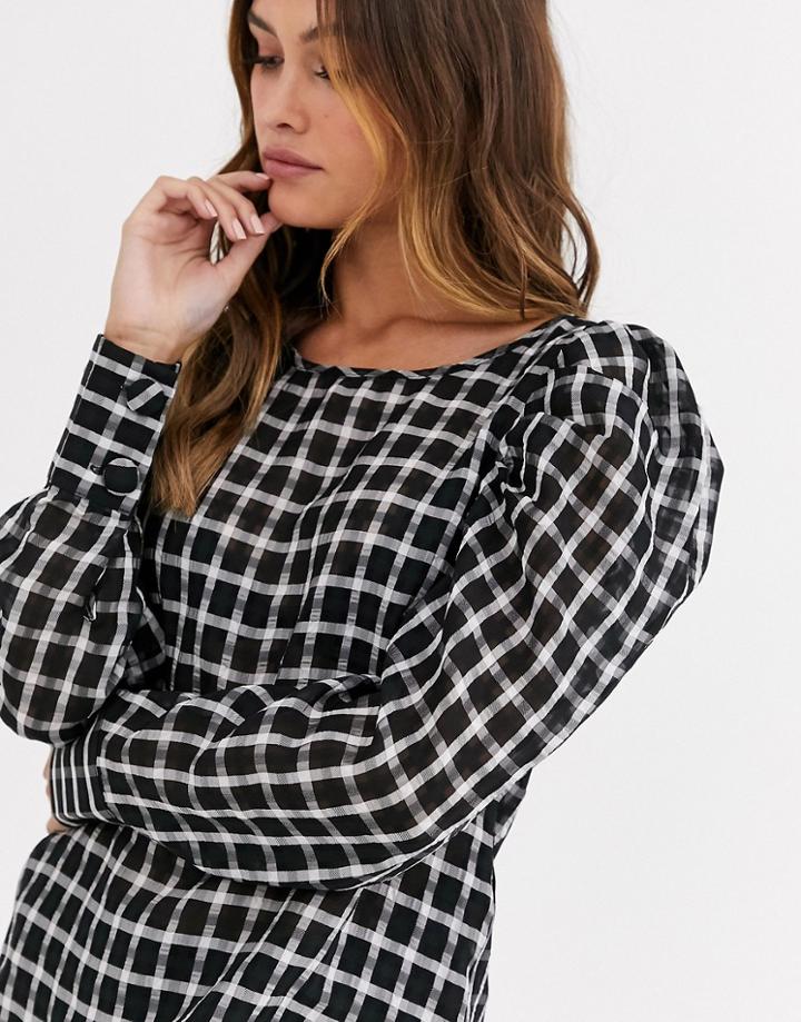 Vero Moda Blouse With Puff Sleeves In Mono Check-black