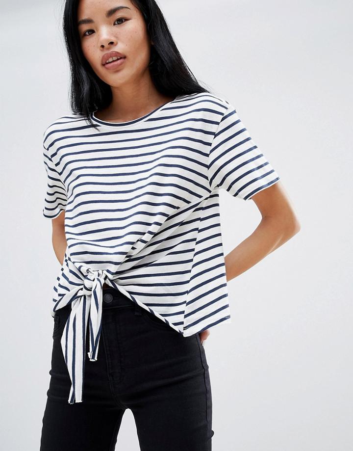 Pull & Bear Tie Front T-shirt In Blue Stripe - Blue