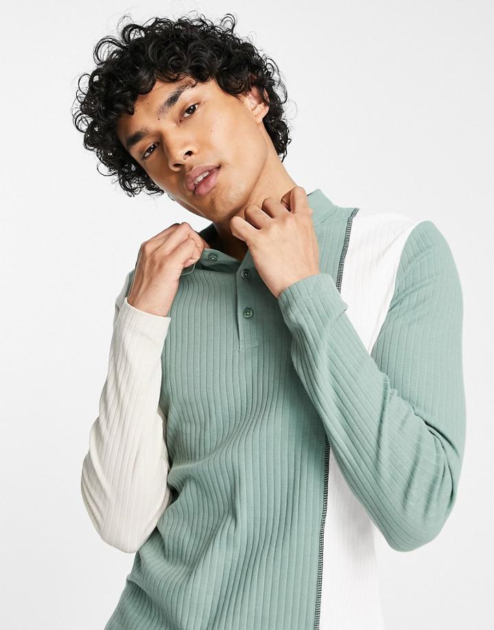 Asos Design Skinny Rib Polo T-shirt In Green & White With Contrast Sleeve