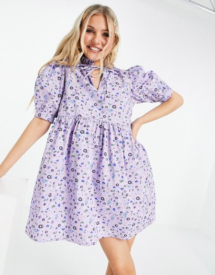 Influence High Neck Printed Cotton Mini Smock Dress In Floral Print-blues