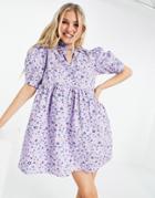 Influence High Neck Printed Cotton Mini Smock Dress In Floral Print-blues