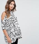 Asos Maternity Petite Top With Cold Shoulder And High Neck In Scratchy Abstract Print - Multi