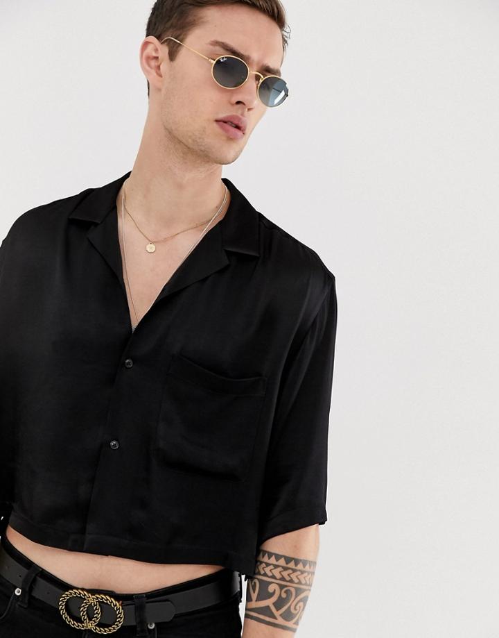 Asos Design Cropped Boxy Satin Shirt In Black With Double Pockets & Revere Collar - Black