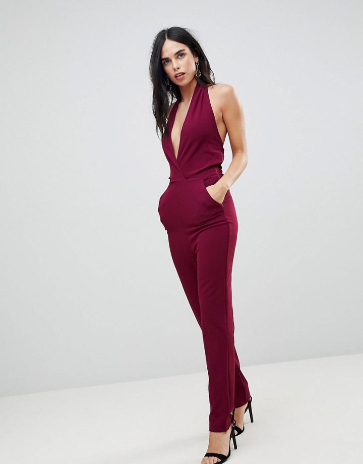 Ax Paris Plunge Front Jumpsuit-purple