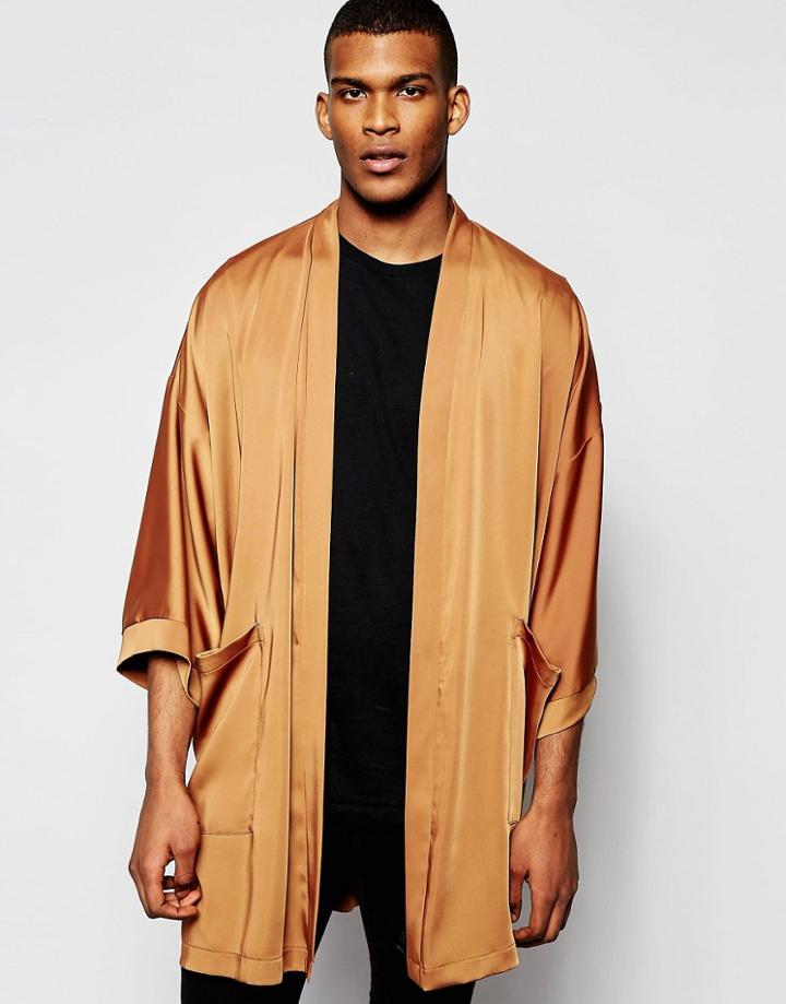 Reclaimed Vintage Drapey Kimono With Pockets - Brown
