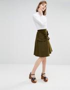 Lost Ink Midi Skirt With Large Pockets - Khaki