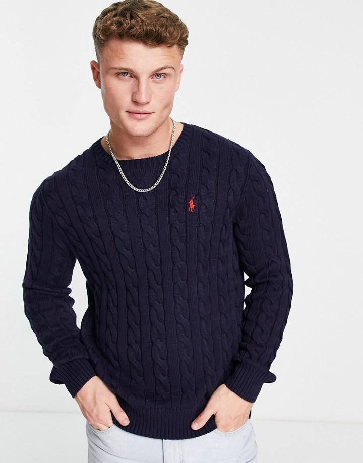 Polo Ralph Lauren Player Logo Roving Cotton Cable Knit Sweater In Navy