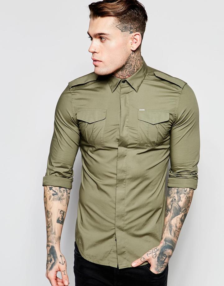 Diesel Shirt S-haul Slim Fit Military Poplin In Green - Green