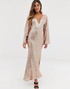 Club L Sequin Plunge Kimono Sleeve Fishtail Maxi Dress-gold
