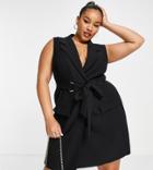 Asos Design Curve Sleeveless Double Breasted Mini Blazer Dress With D-ring Belt In Black