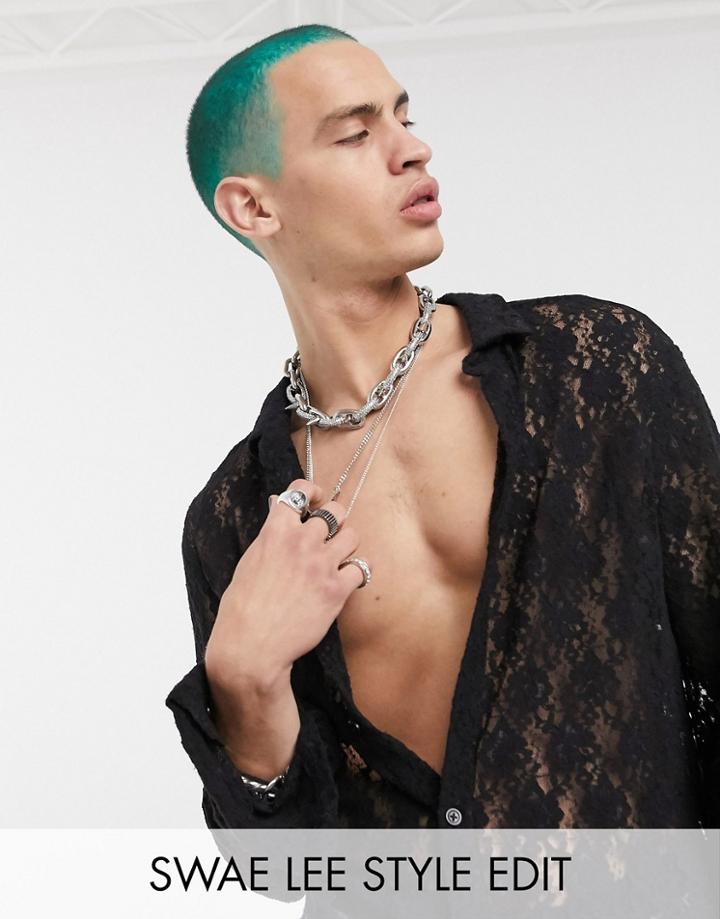 Asos Design Skinny Lace Shirt In Black