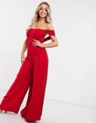 Yaura Wide Leg Off Shoulder Draped Jumpsuit In Red-orange