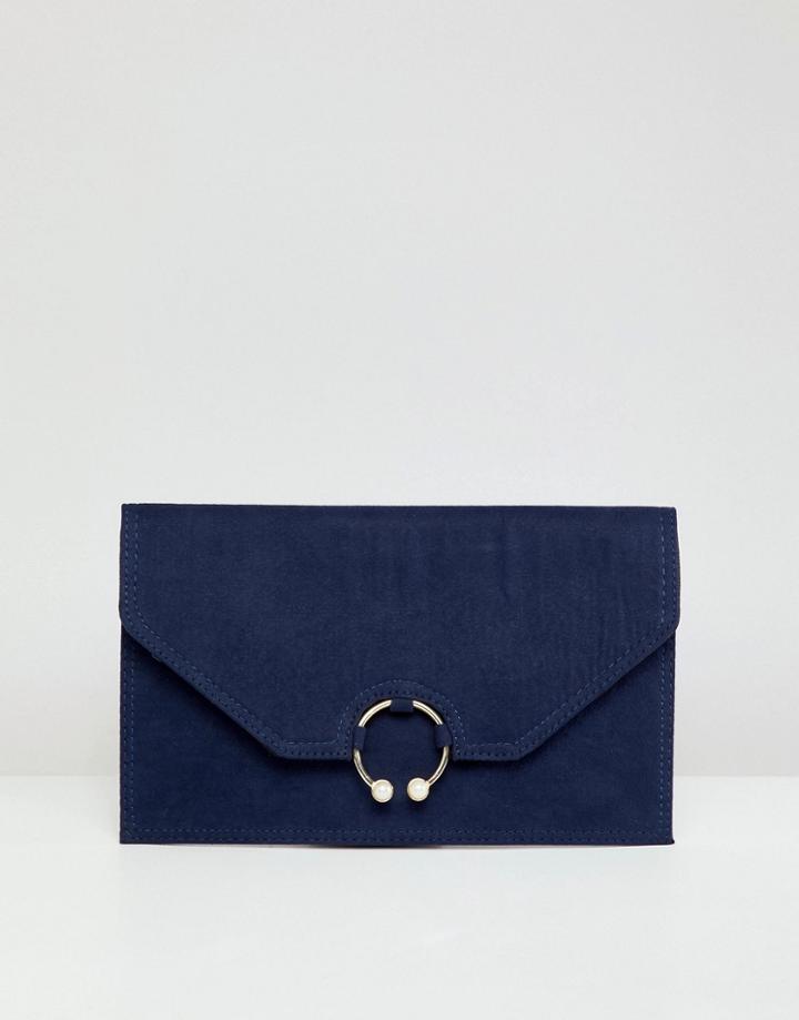 Asos Design Clutch Bag With Ring Pearl Detail - Navy