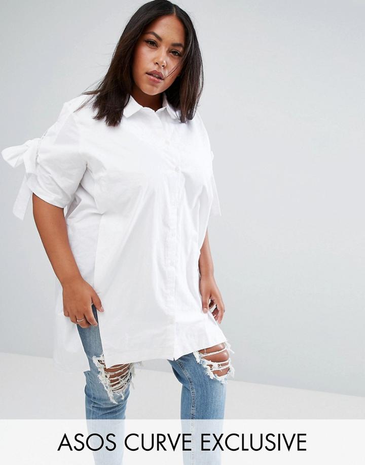 Asos Curve Cotton Shirt Tunic With Splits - Blue