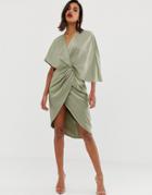 Asos Design Satin Kimono Midi Dress With Knot Front And Asymmetric Sleeve-green