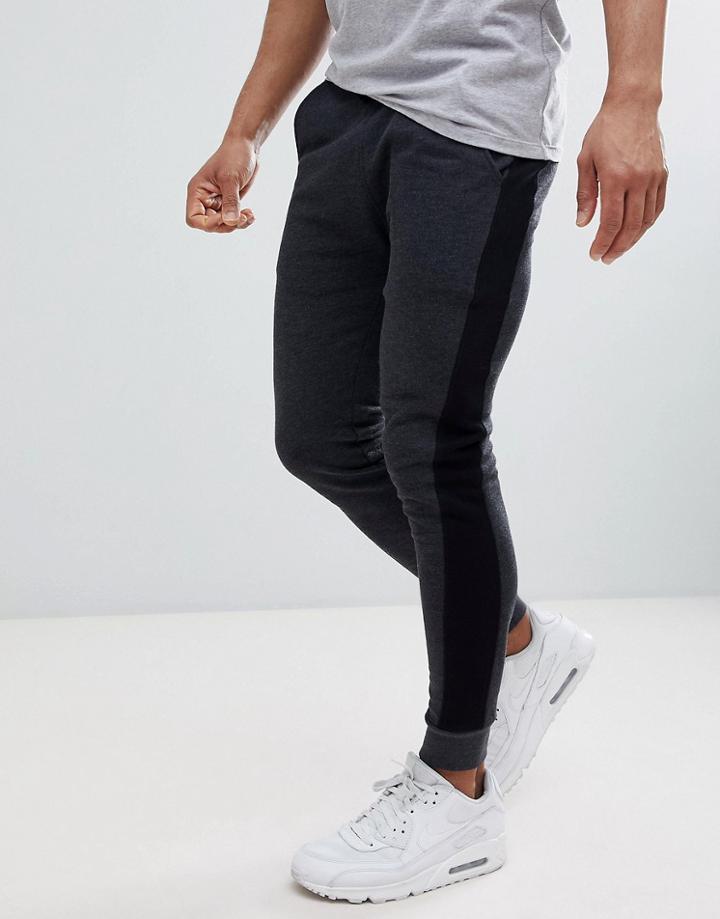 Asos Design Super Skinny Joggers In Charcoal With Side Stripe - Gray