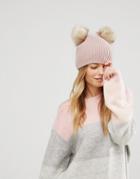 Asos Rib Beanie With Double Faux Fur Pom - Pink