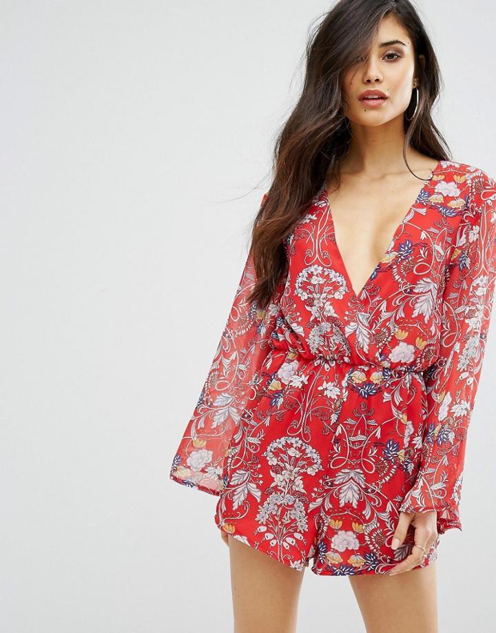 Missguided Floral Print Flare Sleeve Romper - Red