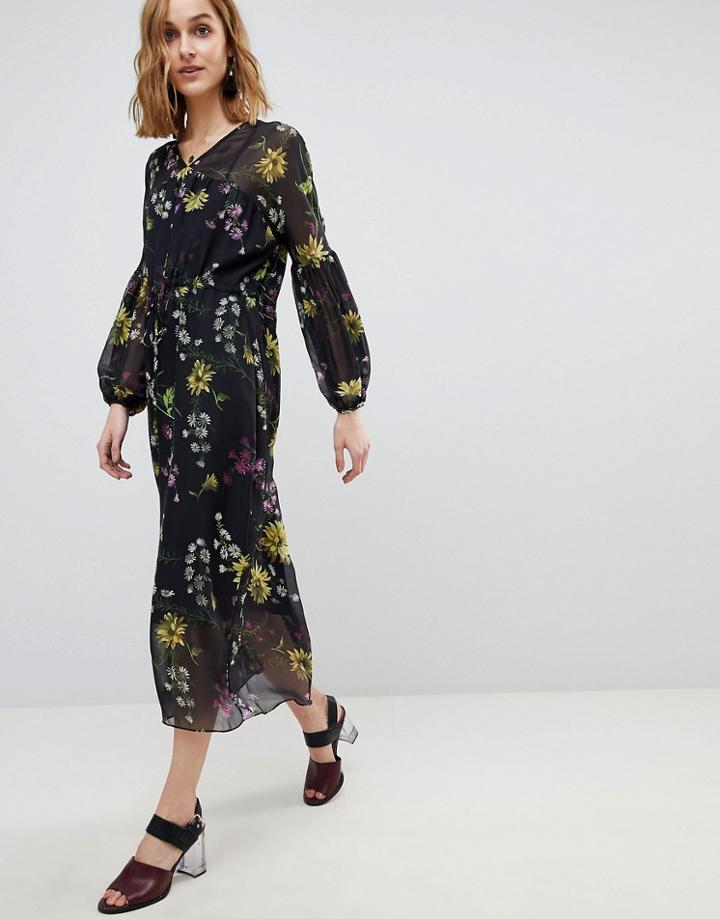 Warehouse Dutch Floral Print Balloon Sleeve Chiffon Midi Dress - Multi