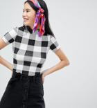 Monki Check High Neck T-shirt - Black