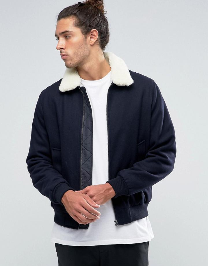 Asos Wool Mix Bomber Jacket With Fleece Collar In Navy - Navy