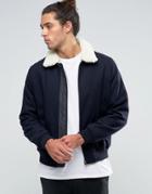 Asos Wool Mix Bomber Jacket With Fleece Collar In Navy - Navy