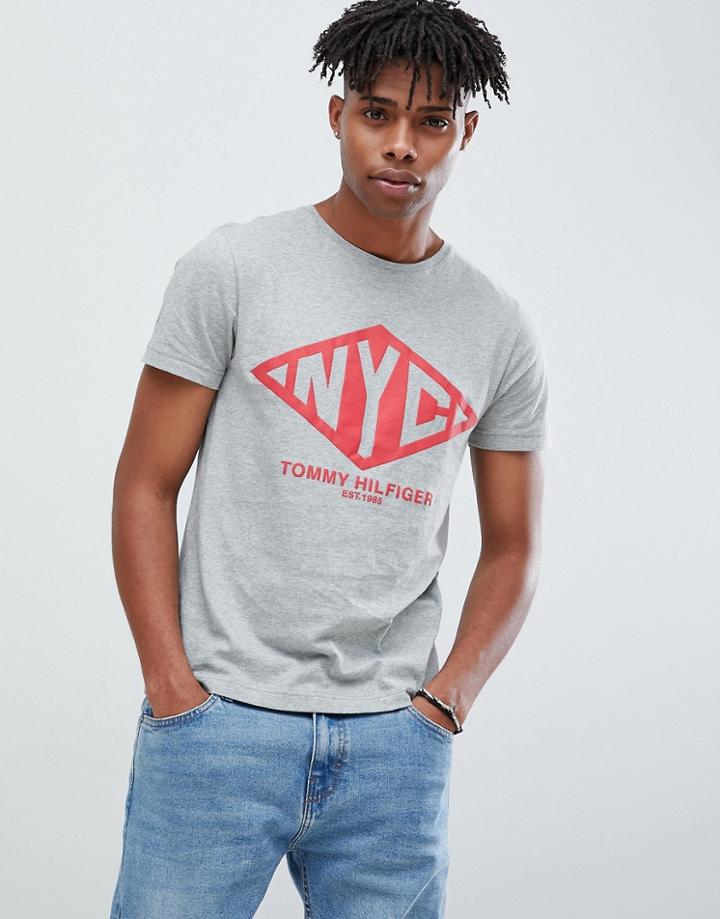 Tommy Hilfiger Nyc Logo Print T-shirt In Gray Marl - Gray