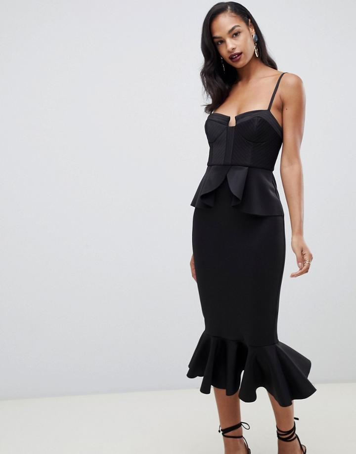 Asos Design Premium Quilted Cup Detail Midi Bodycon Dress With Pephem - Black
