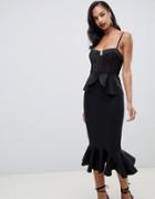 Asos Design Premium Quilted Cup Detail Midi Bodycon Dress With Pephem - Black