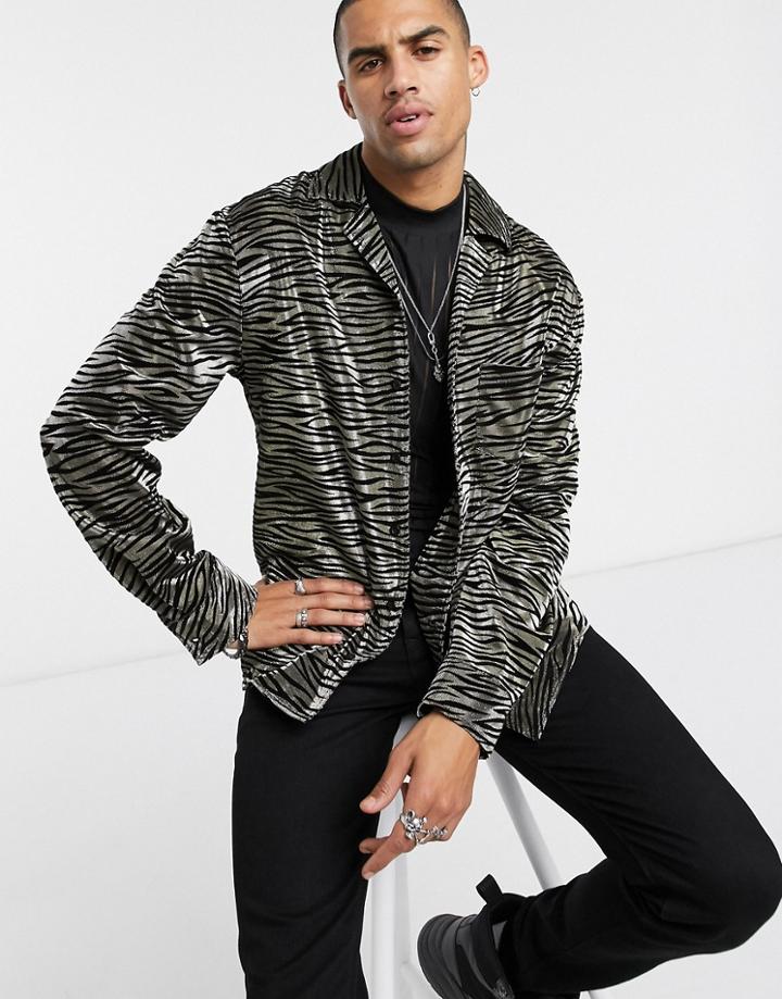One Above Another Long Sleeve Party Shirt In Metallic Zebra-black