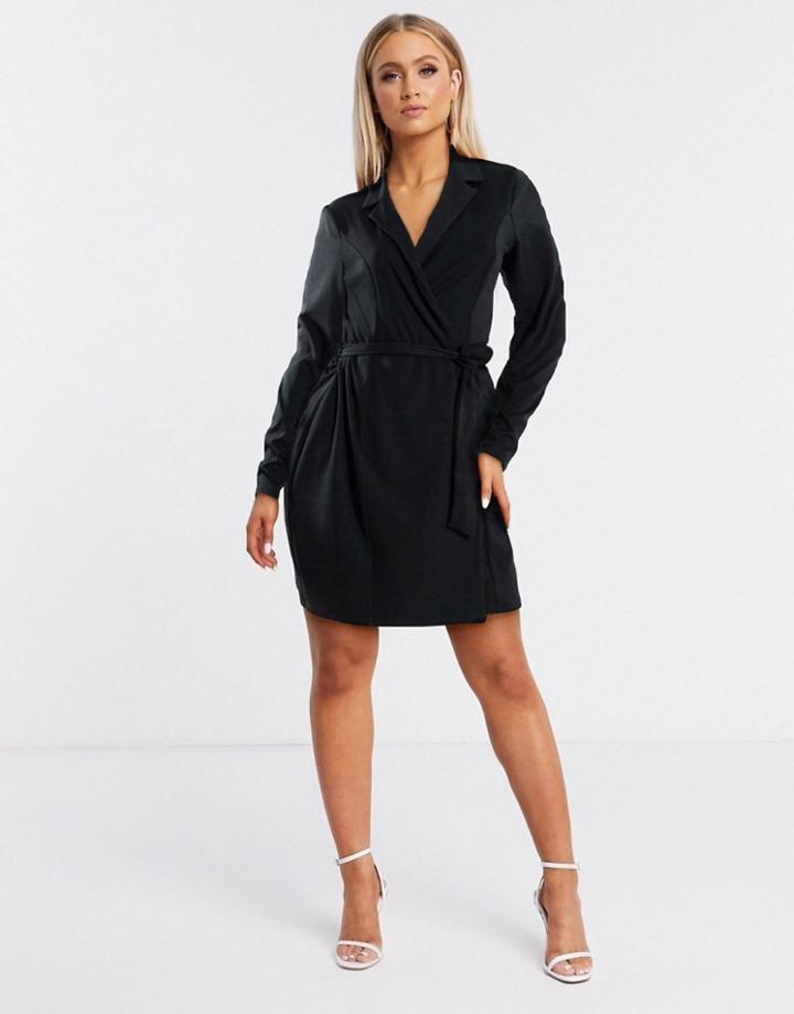 Flounce London Mini Tux Wrap Dress In Black