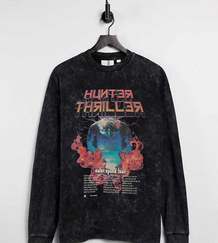 Collusion Unisex Oversized Long Sleeve T-shirt With Print In Acid Wash Set-black
