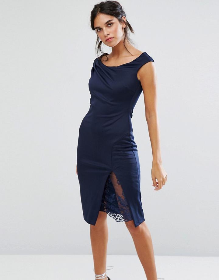 City Goddess Bardot Pencil Dress With Lace Detail - Navy